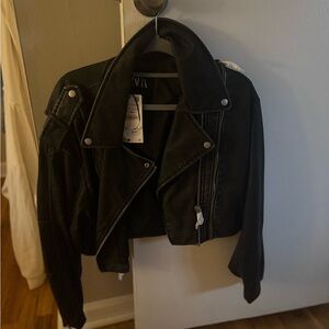 ZARA WOMAN NWT FW23 WORN EFFECT LEATHER EFFECT BIKER JACKET GREY 4341/726 SIZE L